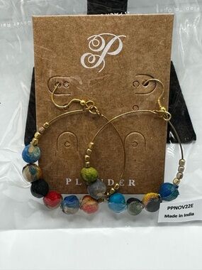 Plunder Multicolored Bead Goldtone Boho Casual Summer Dangling Hoop Earrings